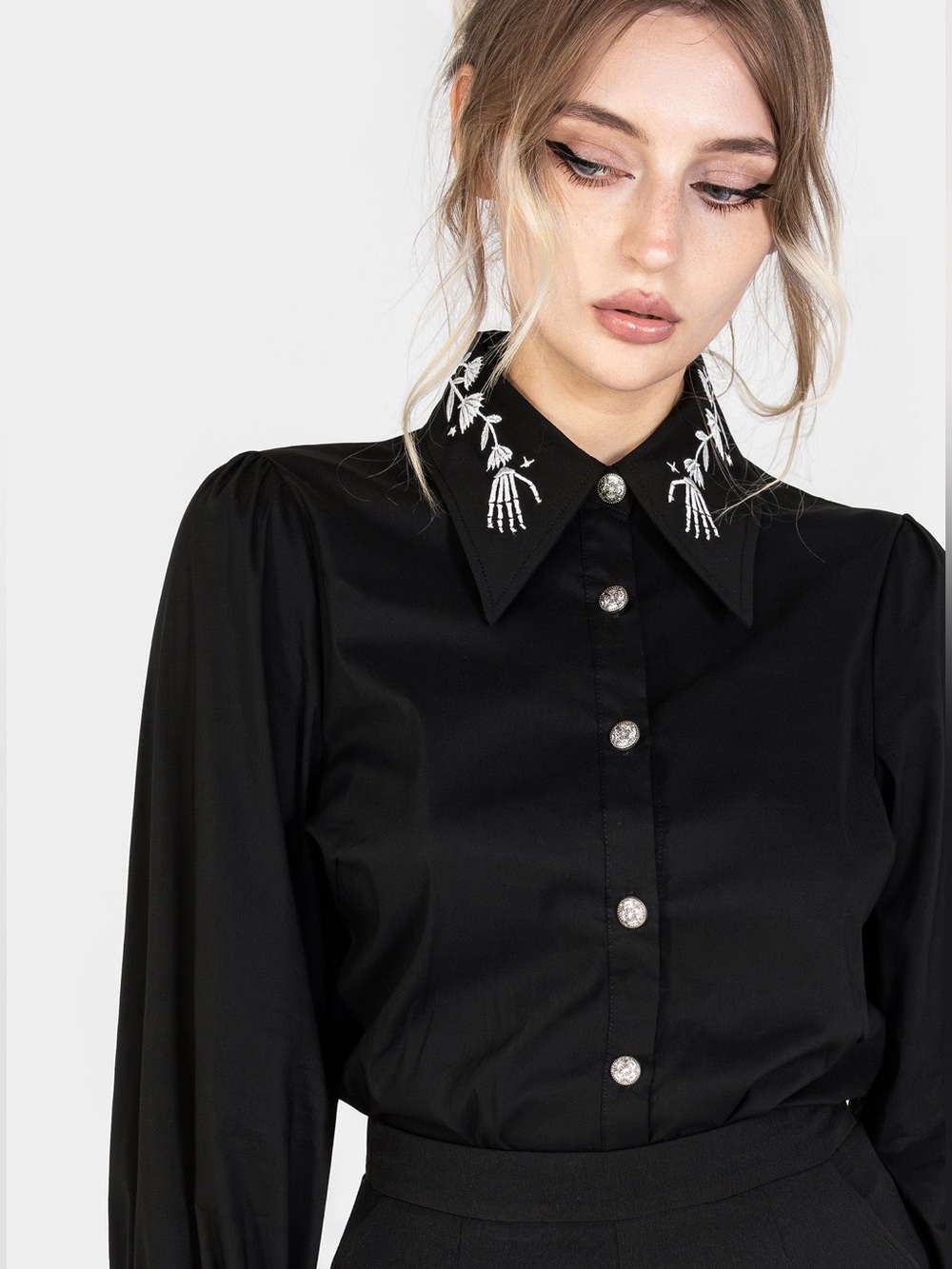 Disturbia Tempora Embroidered Button Up Shirt in Black US 4 / UK 8 - Picture 5 of 12